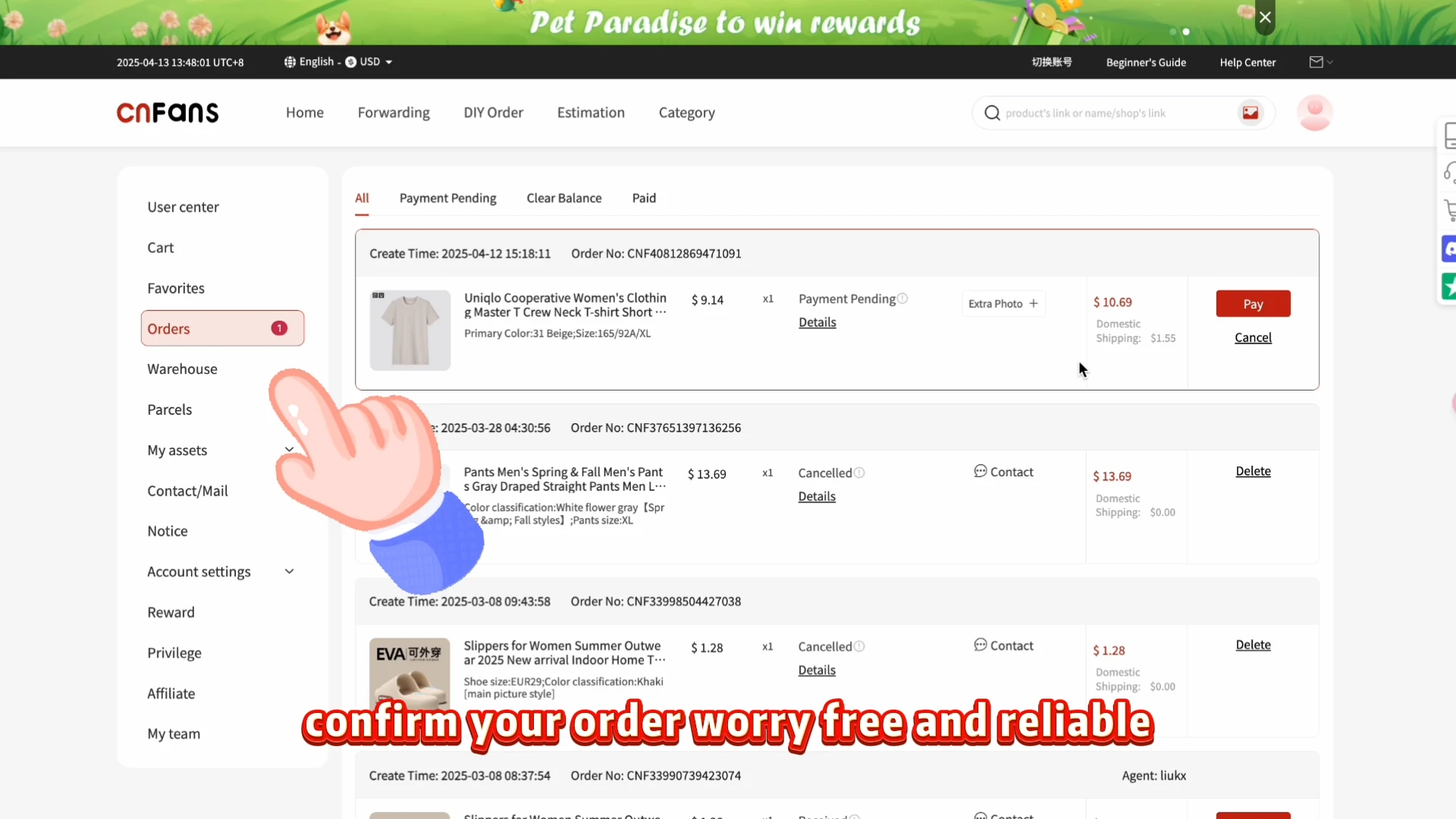 Official video, 00:55: Orders and its status list. The sample rows include Payment Pending and Cancelled; this picture shows where to inspect an order, not proof of a completed purchase.