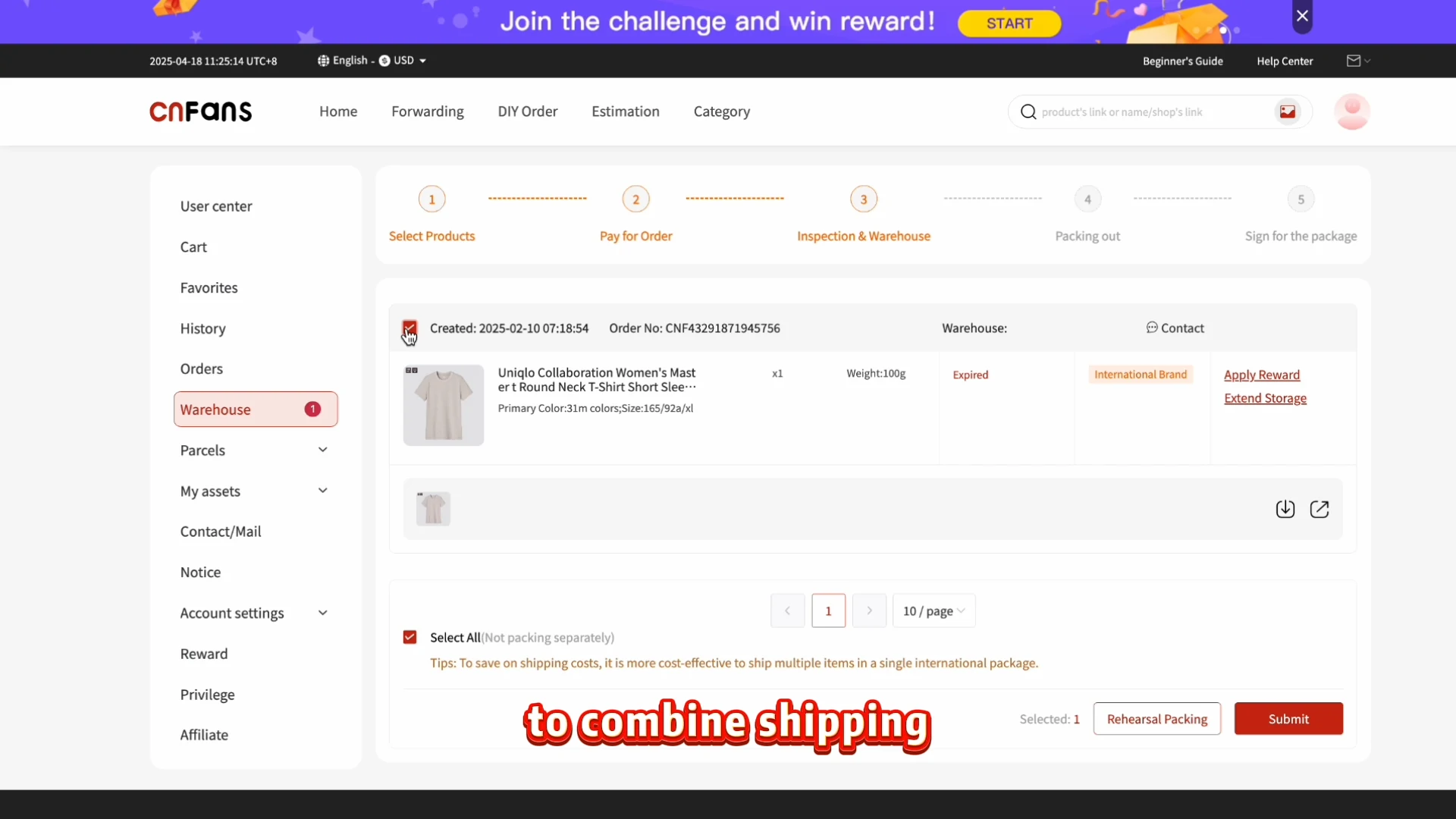 Official video, 01:15: selecting items in Warehouse. The example is marked Expired: check storage and eligibility before an outbound request. Selection alone does not make an item shippable.