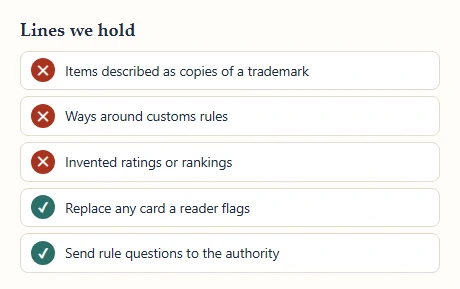 Checklist of what this catalog will and will not do, with three crosses and two ticks