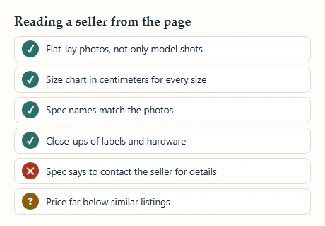 Checklist for judging a seller from its listing, with four ticks, one cross and one question marker