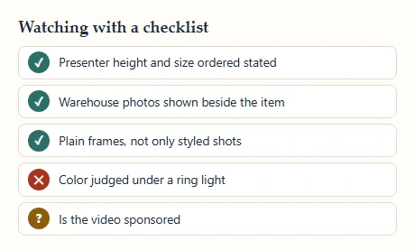 Checklist for watching order videos, with three ticks, one cross and one question marker