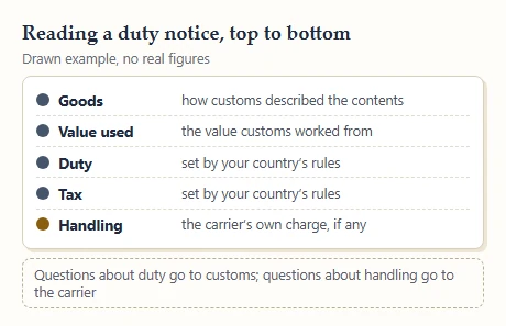 Drawn duty notice with five labeled parts, colored by whether customs or the carrier sets them