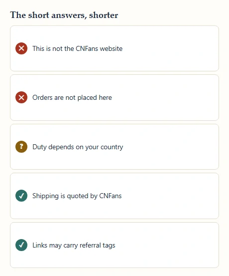 Five one-line answers from the FAQ with crosses, a question marker and ticks