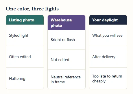 Three columns comparing how one color looks in a listing photo, a warehouse photo and daylight