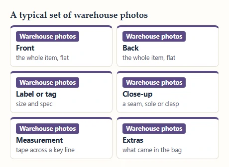 Six cards naming the shots in a typical warehouse photo set, from front view to extras