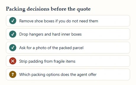 Checklist of packing choices: three ticks, one cross and one question marker