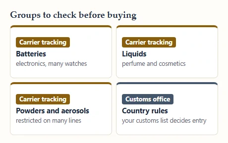 Four cards naming item groups to check before buying: batteries, liquids, powders and aerosols, country rules