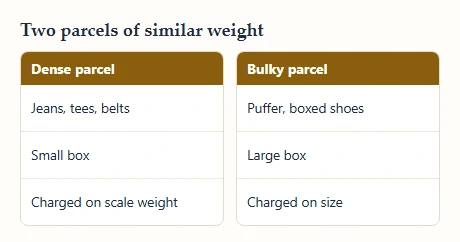 Two columns comparing a dense parcel charged on weight with a bulky parcel charged on size