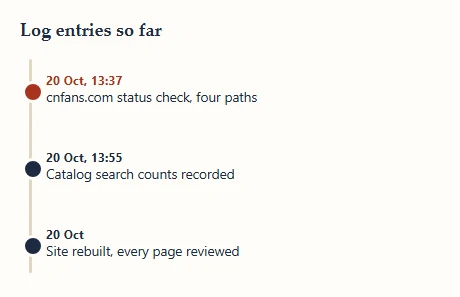 Timeline of three dated log entries from 20 October 2026