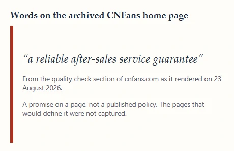 Quoted phrase from the archived CNFans home page with its date and a note on how to read it