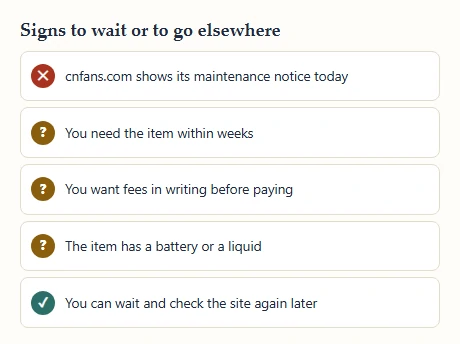 Checklist of situations where waiting or another agent fits better, with one cross, three questions and one tick