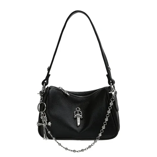 Black nylon shoulder bag with a silver chain and charm hanging from the strap