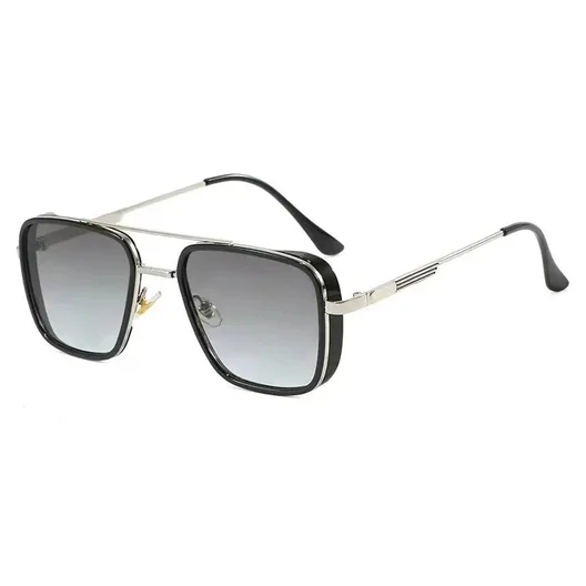 Square sunglasses with grey gradient lenses and a thin silver frame, on white