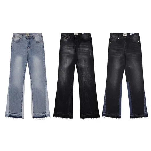 Three pairs of flared jeans side by side in light blue, black and grey washes
