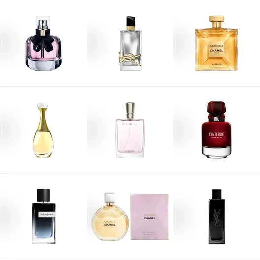 Nine perfume bottles of different shapes and colors arranged in a grid on white