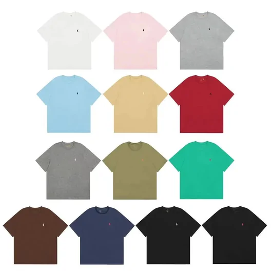 Twelve plain short-sleeved T-shirts in different colors arranged in a grid