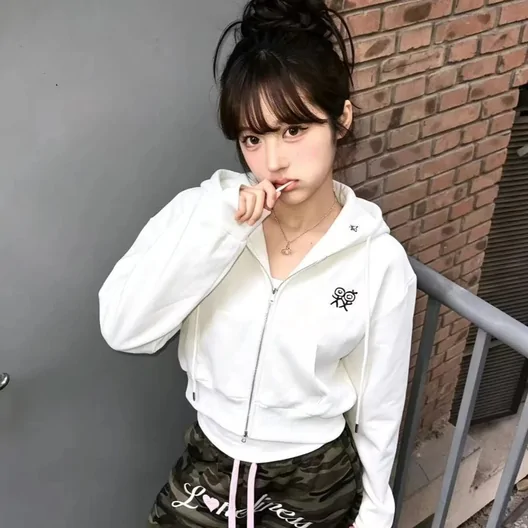 Young woman in a white zip-up hoodie leaning on a railing by a brick wall